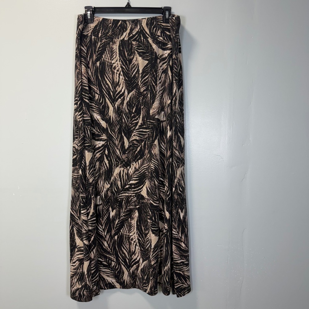 Roz & Ali Women XL Brown Palm Leaf Print Maxi Skirt Stretch Casual‎ Vacation
